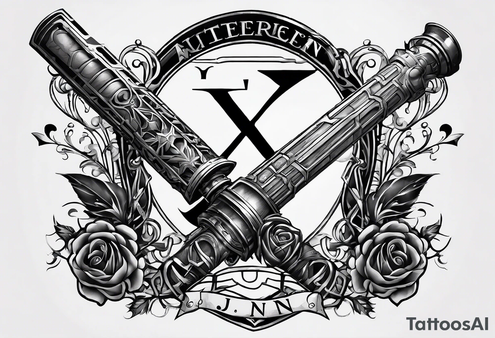 Lightsaber and a Wand from Harry Potter overlapping to make an "X" and in the spaces between the put the letters A,J,L and N. tattoo idea