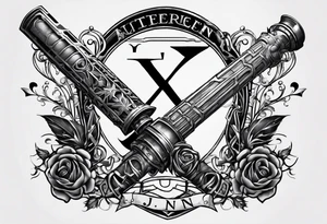 Lightsaber and a Wand from Harry Potter overlapping to make an "X" and in the spaces between the put the letters A,J,L and N. tattoo idea