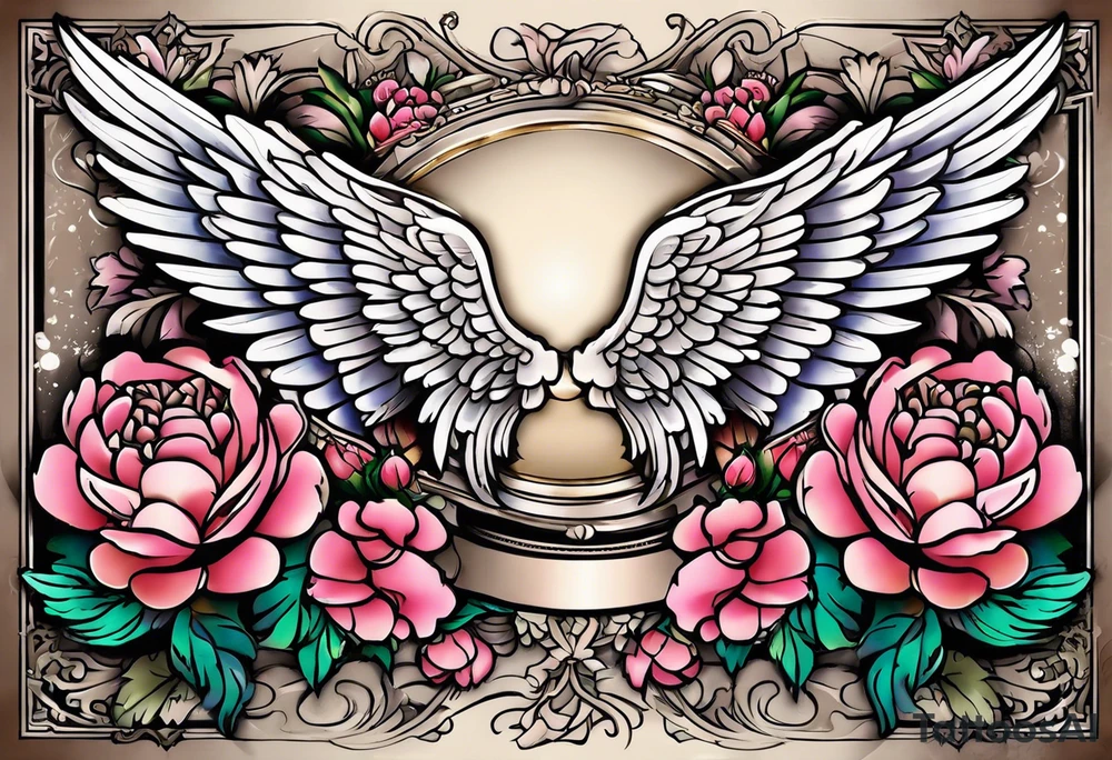 beautiful angel wings with colorful, peonies. beautiful flilligree in the background , full color, traditional old school tattoo idea