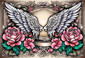 beautiful angel wings with colorful, peonies. beautiful flilligree in the background , full color, traditional old school tattoo idea