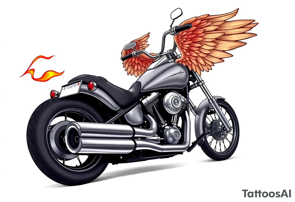 Low rider grey motorcycle, big muffler pipes with flames, angel wings, driving away, no person tattoo idea