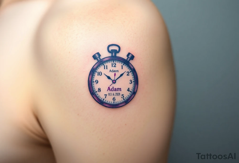 A stopwatch clock, which contains the child’s name "Adam" and birth date "03. 06. 2020", in blue, purple, and silver tattoo idea