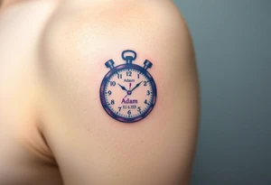 A stopwatch clock, which contains the child’s name "Adam" and birth date "03. 06. 2020", in blue, purple, and silver tattoo idea