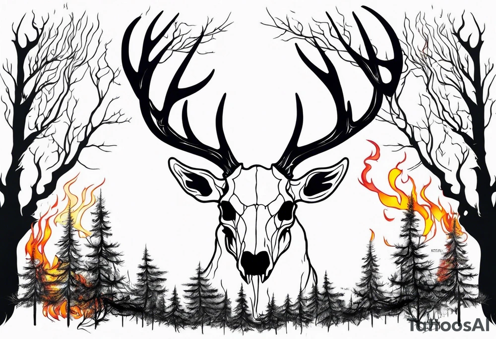 side profile of a DECAYING deer skull JUST BONE lore accurate wendigo surrounded by a flames and trees tattoo idea