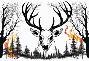 side profile of a DECAYING deer skull JUST BONE lore accurate wendigo surrounded by a flames and trees tattoo idea