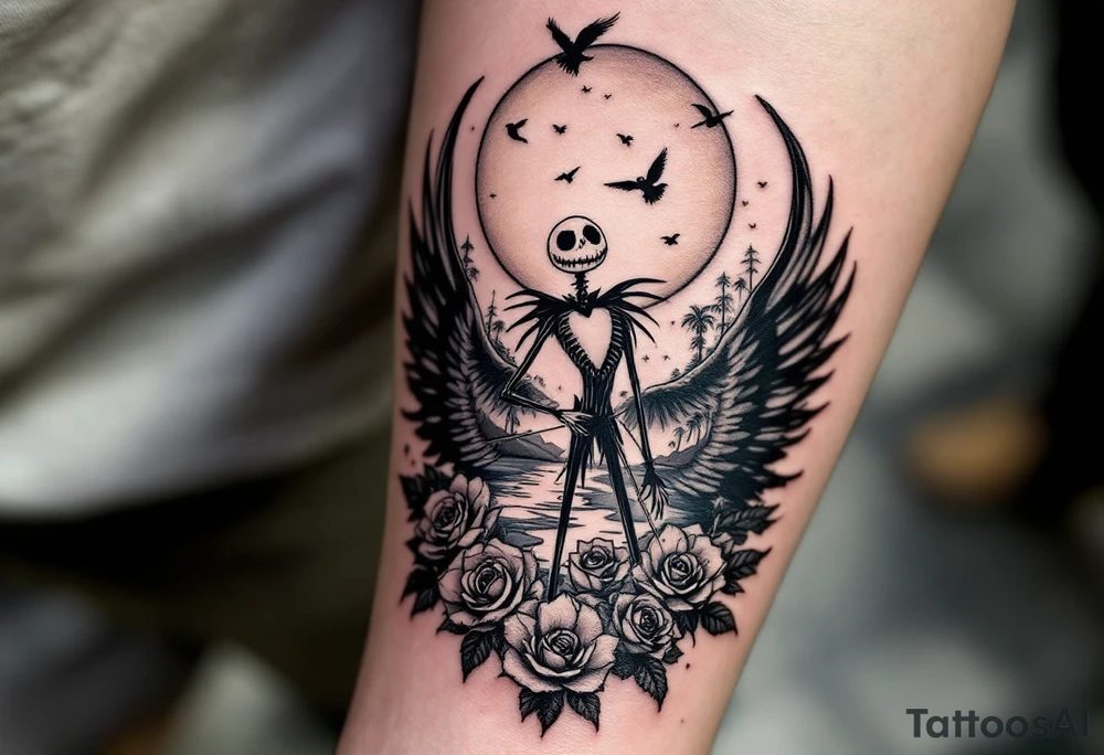 holy jack skellington with wings, fishing, river, roses, palm trees, sun, birds tattoo idea