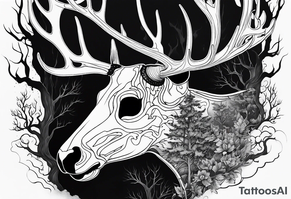 A side profile of decayed deer skull surrounded by trees and fire tattoo idea