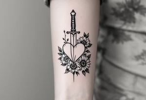 dagger piercing a heart with roses and sunflowers tattoo idea
