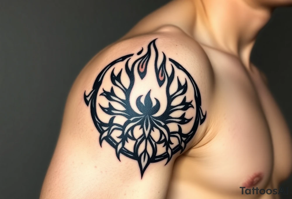 flame in a blooming roots circle tattoo idea