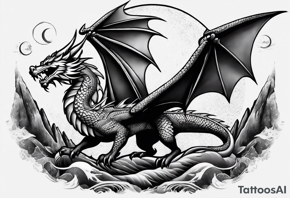 Mexican dragon flying over a mountain and around the moon arm sleeve tattoo idea