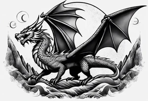 Mexican dragon flying over a mountain and around the moon arm sleeve tattoo idea