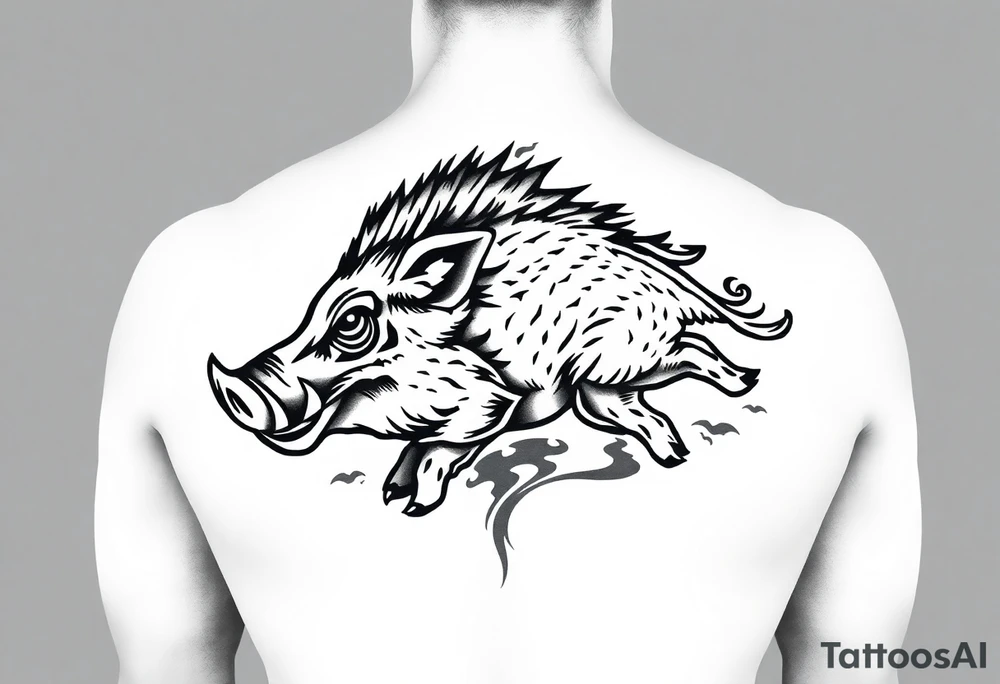 I want to design a back design for adults. The theme is wild boar. I want to put the wild boar of NCAA Arkansas into the style of Chinese neo-traditional culture. The background needs to have a feeling of clouds and smoke. Enlarge the main picture tattoo idea