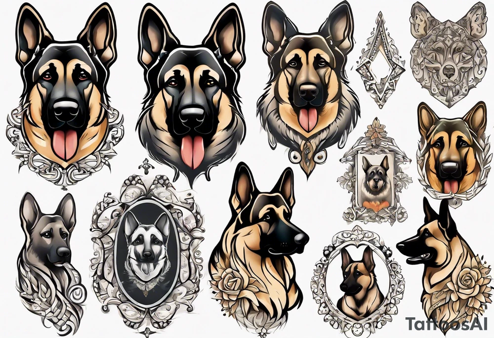 German Shepherd in fancy frame tattoo idea