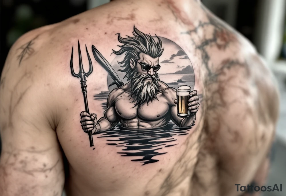 young, happy, fit, short hair, poseidon in calm water, holding a trident, drinking a beer, with sunset, with ski boat, with sunglasses tattoo idea