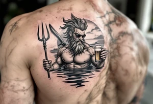 young, happy, fit, short hair, poseidon in calm water, holding a trident, drinking a beer, with sunset, with ski boat, with sunglasses tattoo idea