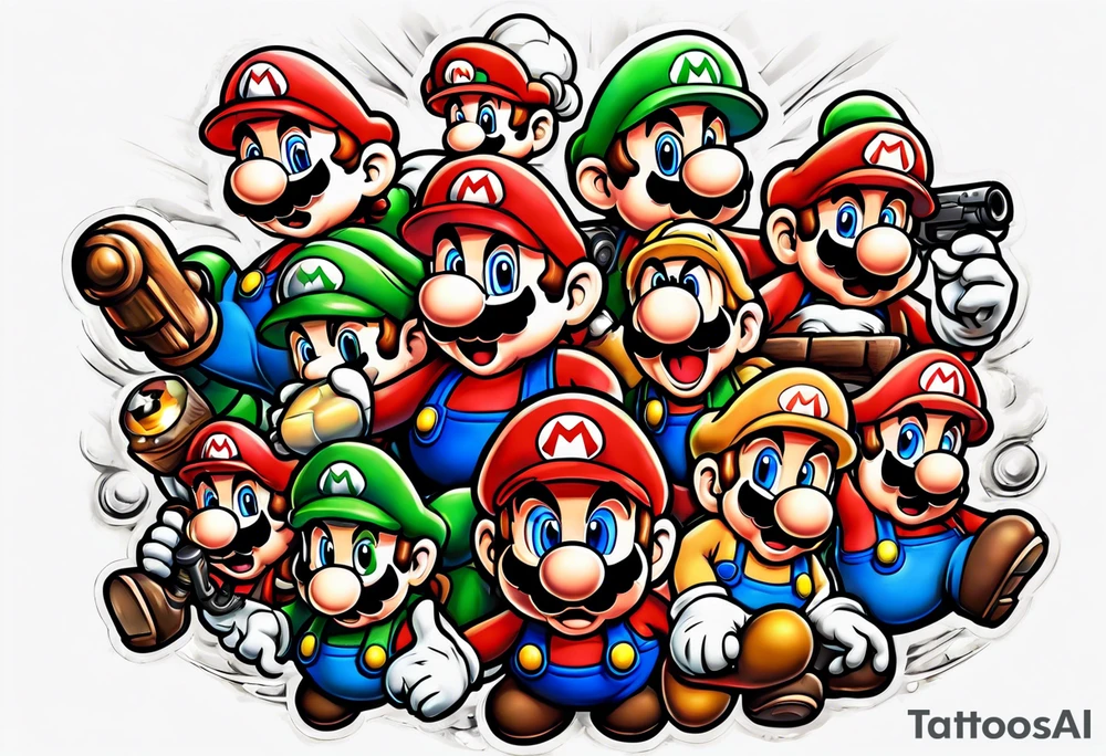 Mario brothers with ghosts and goombas with canons tattoo idea