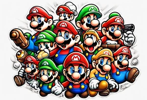 Mario brothers with ghosts and goombas with canons tattoo idea