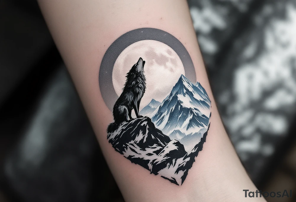Lone wolf howling at a full silver moon on a snowy mountain ridge, in shades of cool gray, icy blue, and white mist. tattoo idea