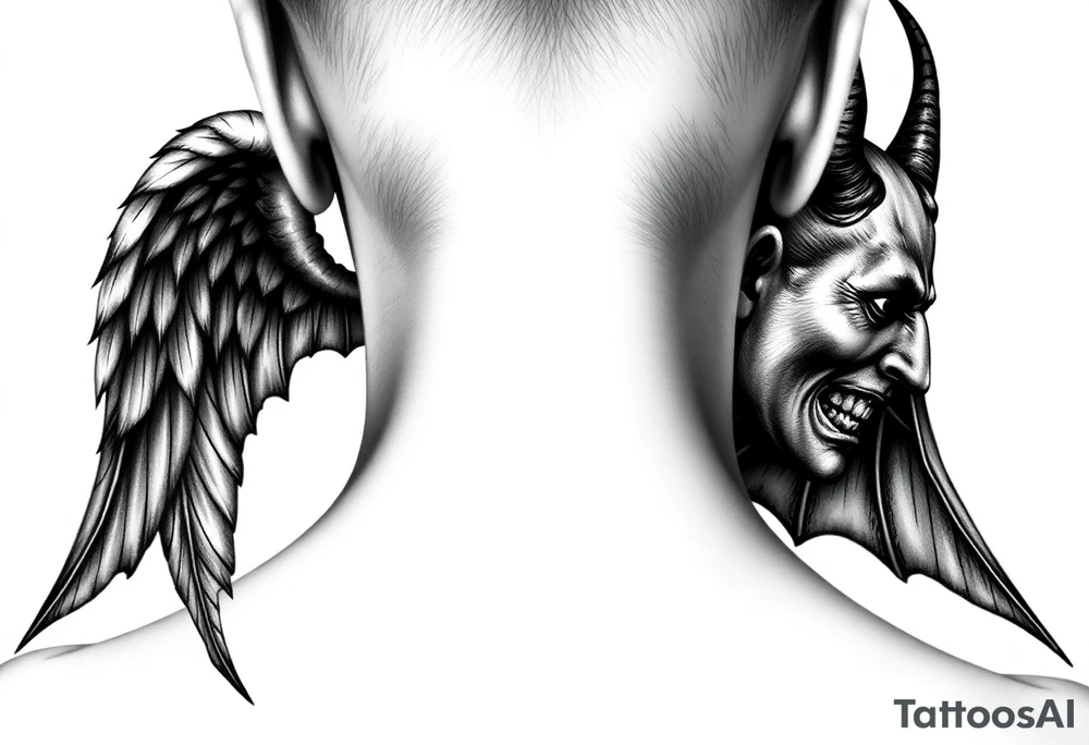 position behind the neck Angel (on the right) whispering in the right ear, demon (on the left) whispering in the left ear. It must be as realistic as possible. tattoo idea