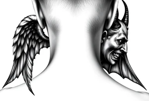 position behind the neck Angel (on the right) whispering in the right ear, demon (on the left) whispering in the left ear. It must be as realistic as possible. tattoo idea