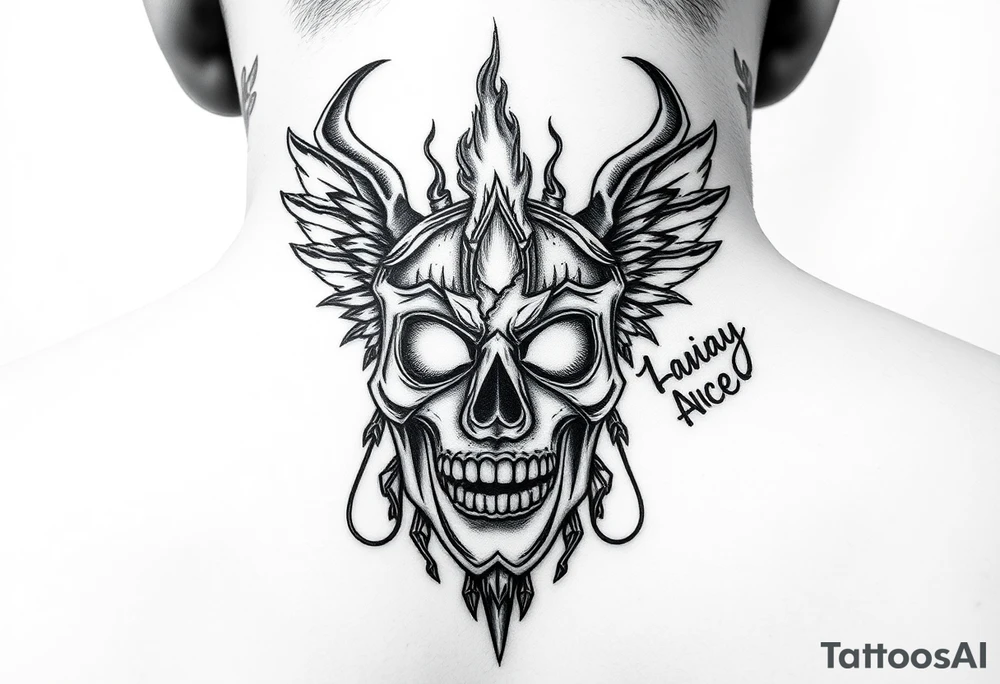 Realistic neck tattoo design. On one side, near one ear, a screaming demon facing inward. On the other side, near the other ear, a screaming angel facing the demon. Between them, in the center of the front neck, a cracked ancient mask with fire and light emerging from inside, symbolizing inner conflict and balance between good and evil. Highly detailed black and grey style, fine line shading, symmetrical, intense emotion, realistic texture. tattoo idea