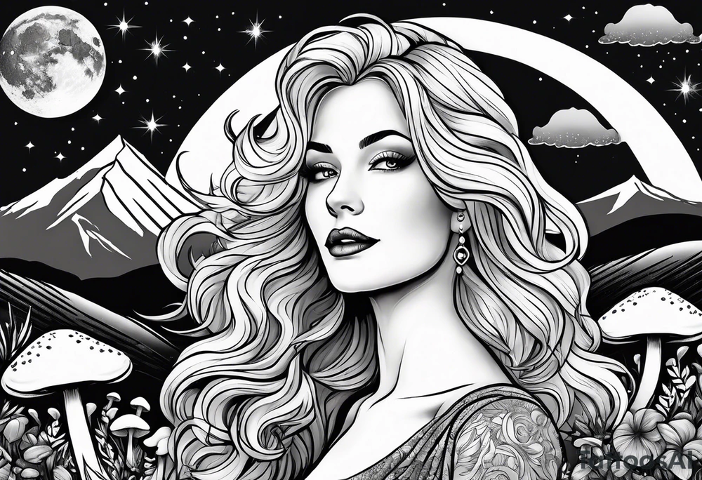 Fat older blonde woman long hair thin lips surrounded by mushrooms crescent moon mountains background "GRACEFUL" tattoo idea