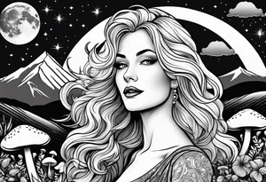 Fat older blonde woman long hair thin lips surrounded by mushrooms crescent moon mountains background "GRACEFUL" tattoo idea