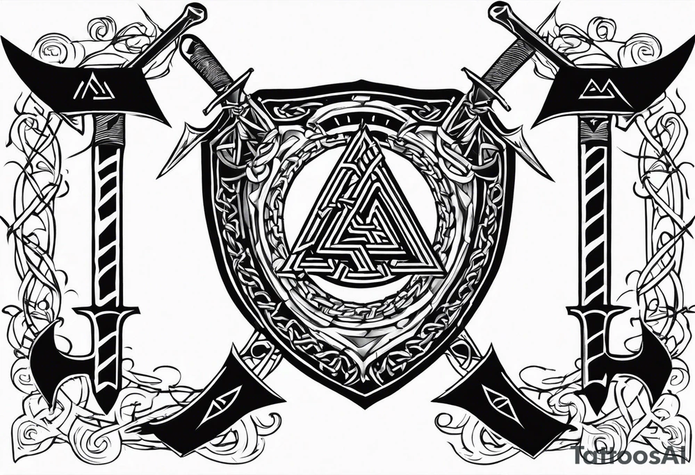 Valhalla valknut shield sword axe barbed wire tattoo idea