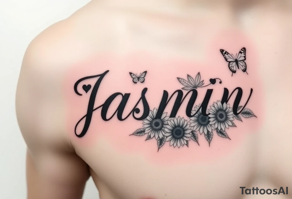 i need the name jasmin on the right side of a males chest, and with the letter “i” having a heart as the dot, and then i want some roses on the letter j and 3 sunflowers on the letter n and for it to be in cursive with some butterflies around it. I want the name on top of the flowers but for the flowers to be under the name, and i want a good amount of roses and sunflowers tattoo idea