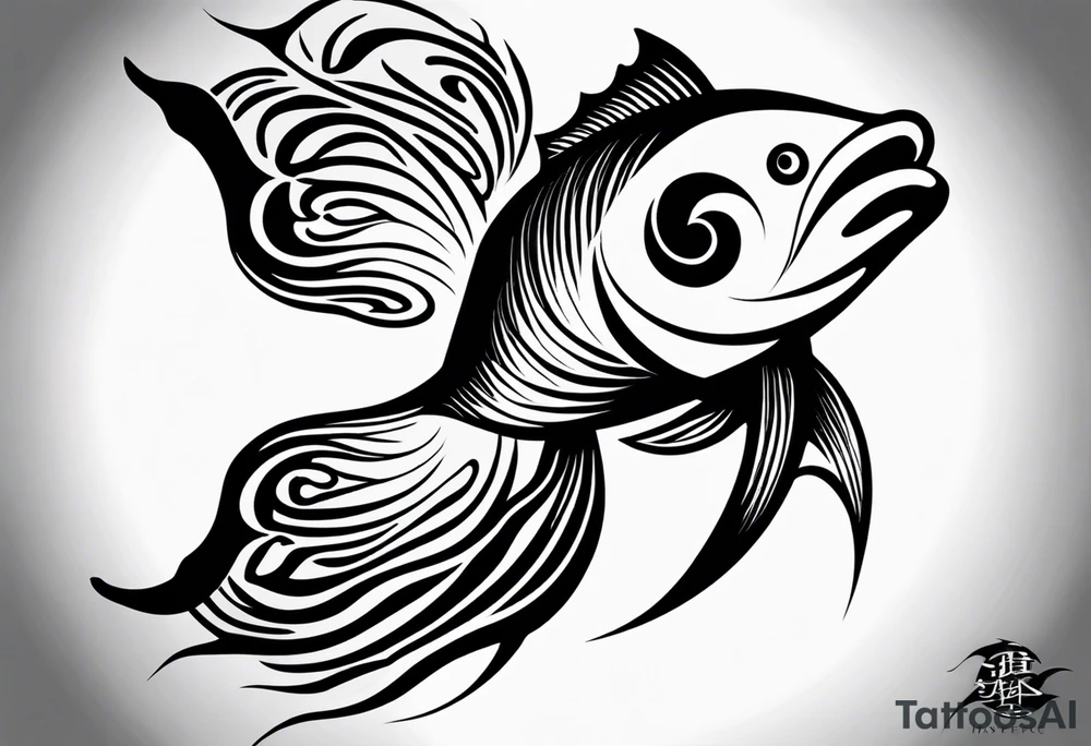 Design a half-sleeve tattoo in a smooth, shaded style with black and grey tones. The central focus is two fish swimming in a circular motion, like a yin-yang, gracefully moving in a loop. The fish should have flowing tails and fins, with soft shading that gives a sense of motion and balance.

Surround the fish with a bed, where a man is lying down but his feet stick out, symbolizing discomfort or not fitting in. The bed should blend subtly into the background, using minimal lines, to avoid distracting from the fish. The sheets or bed frame should flow into the circular motion created by the fish.

Add an astronaut floating nearby, connected to the bed scene. The astronaut should appear weightless, as if drifting in space, with their posture relaxed and slightly tilted, fitting within the circular flow of the fish. Clouds should form softly around the astronaut and the bed, blending into the scene to create a dreamy, ethereal background.

From one side of the circular fish motion, flames should emerge, adding dynamic energy to the design. The flames should be subtle but lively, with light shading, balancing the softness of the clouds with some intensity.

Finally, include the text "MMIX" in bold, sketchy font either below or beside the main design. The text should be clear but in harmony with the hand-drawn style of the fish and flames. tattoo idea
