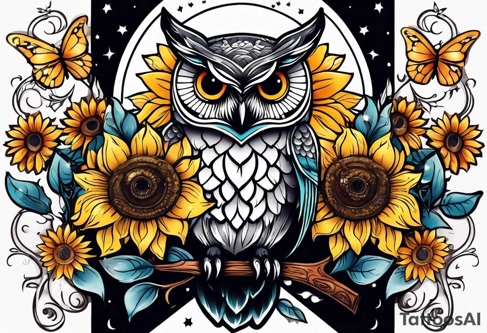 Small owl with sunflowers and butterflies arm sleeve tattoo idea