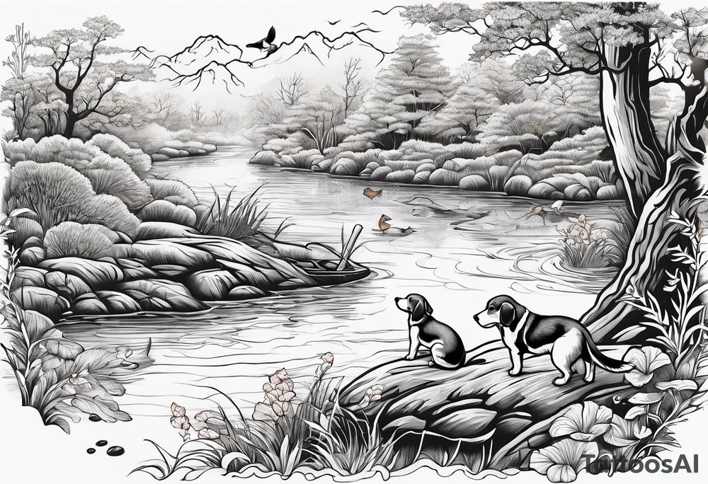 River swamp with beagles squirrel hunting tattoo idea