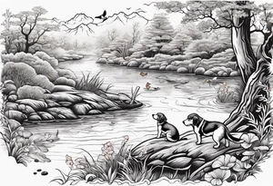 River swamp with beagles squirrel hunting tattoo idea