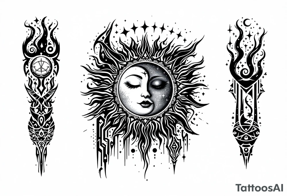 celestial sun and moon embrace with constellation patterns tattoo idea