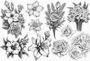 Flower bouquet with daffodil, rose, Larkspur, gladiolus, aster, marigold, chrysanthemum, narcissus tattoo idea