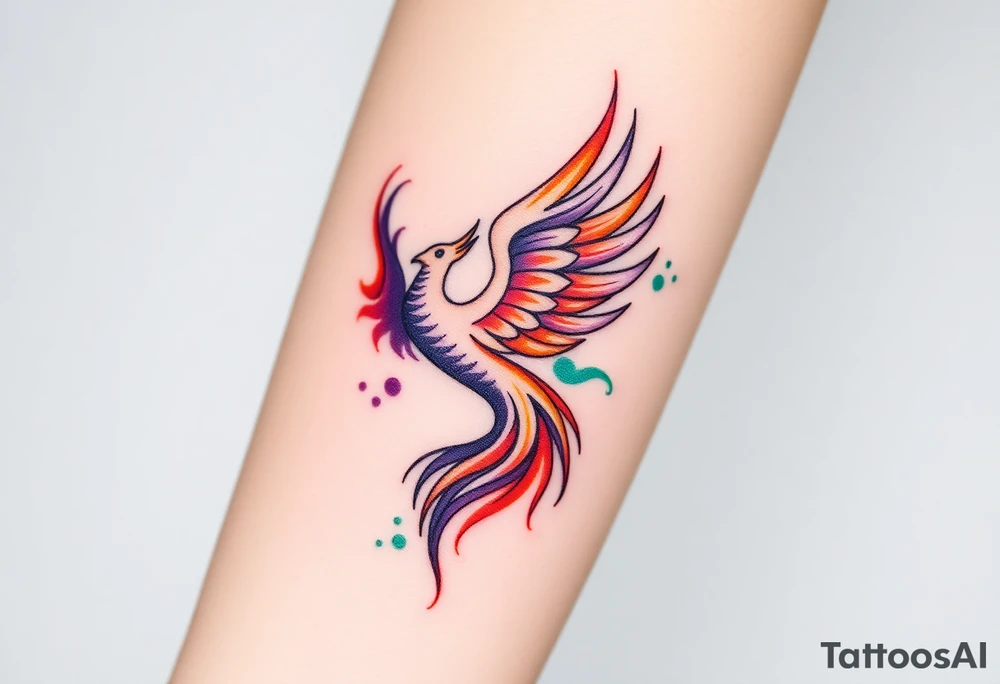 Phoenix with blazing flames with purple, orange, teal and green splashes tattoo idea