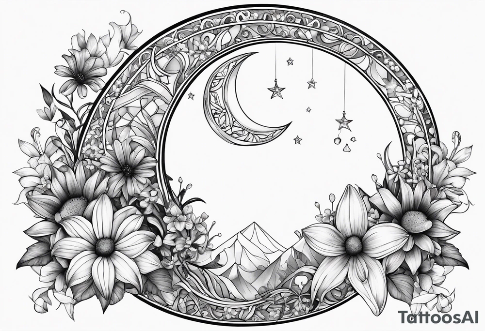 Crescent moon with daisy's, lily’s, crystals, and mushrooms tattoo idea