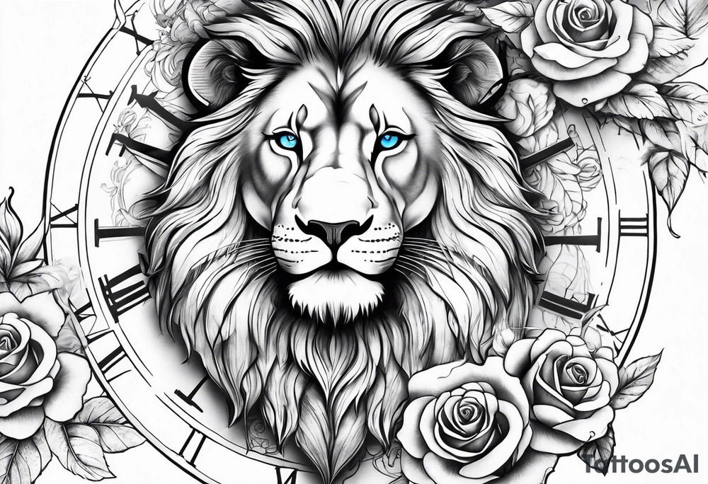 Clocks, with roses and lion with blue eyes tattoo idea