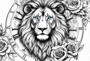 Clocks, with roses and lion with blue eyes tattoo idea