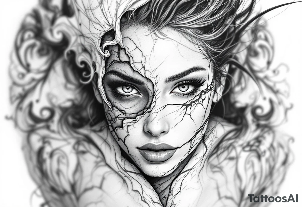 Half pure half corrupted female portrait tattoo tattoo idea