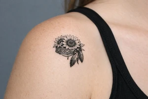 sunflowers with feathers and female Indian headband ribbon tattoo idea