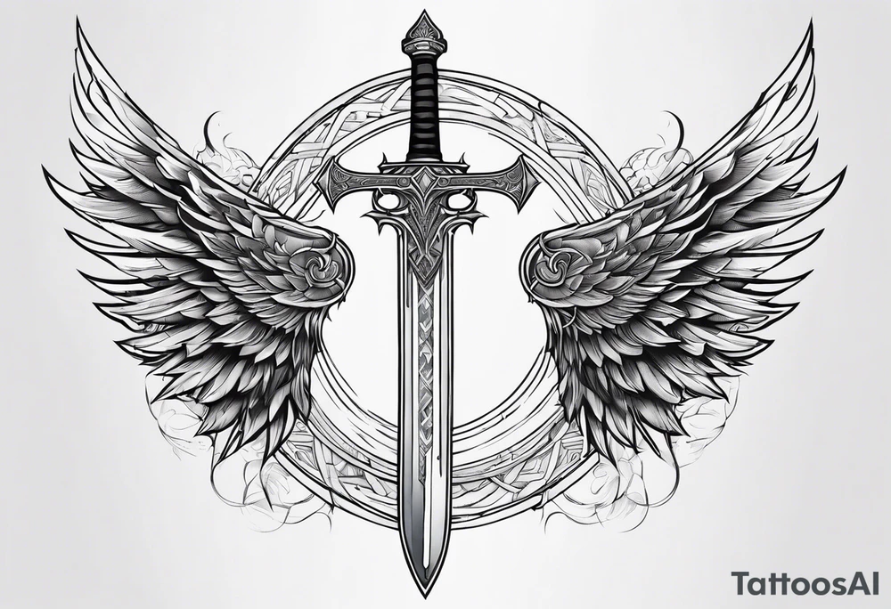Sword with cyber sigilism wings tattoo idea