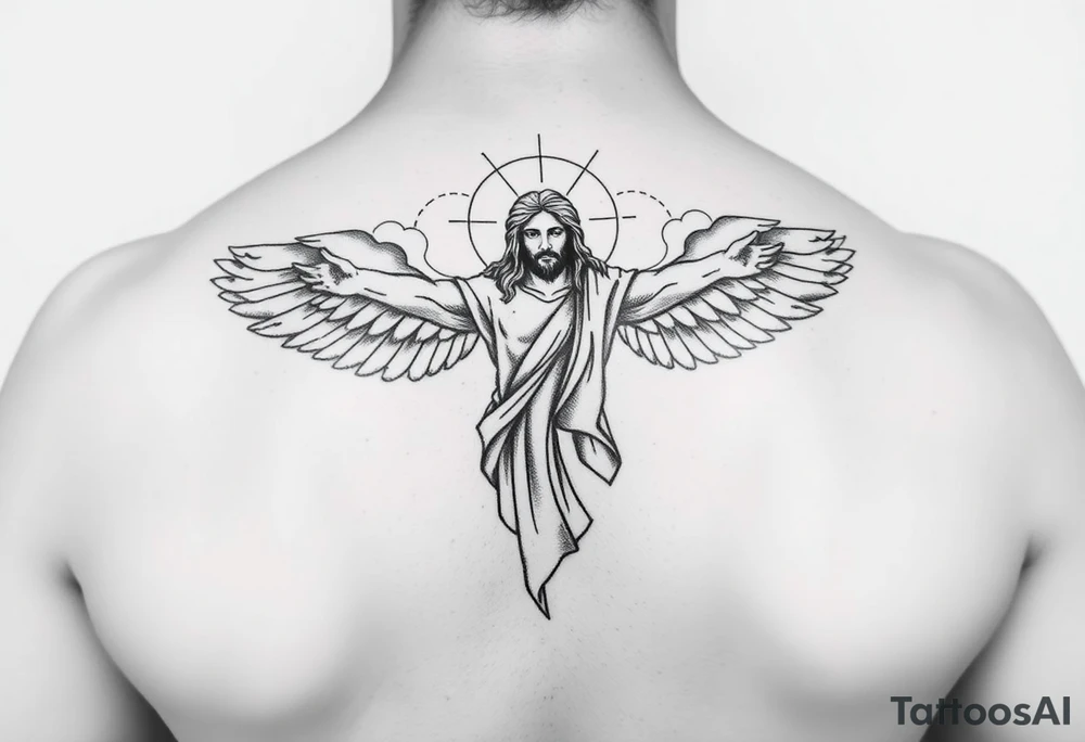 magestic christ with clouds wings black and white tattoo idea