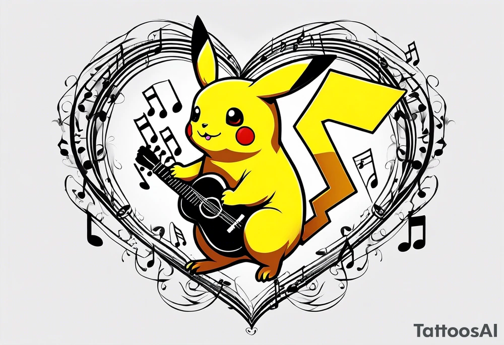 Pickachu squeezing a heart made from a trouble clef and music notes tattoo idea