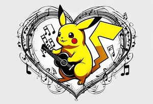 Pickachu squeezing a heart made from a trouble clef and music notes tattoo idea