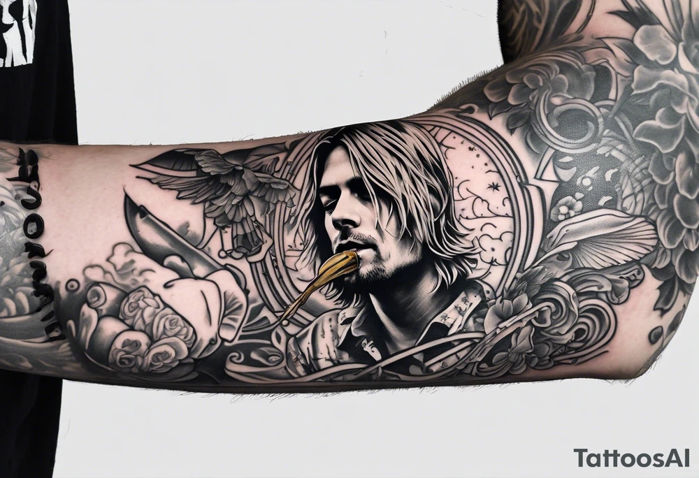 Kurt Cobain, slipping on a banana peel with a heroin needle in his arm, and a shotgun in the other arm tattoo idea