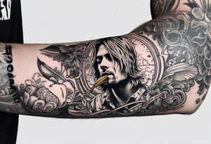 Kurt Cobain, slipping on a banana peel with a heroin needle in his arm, and a shotgun in the other arm tattoo idea