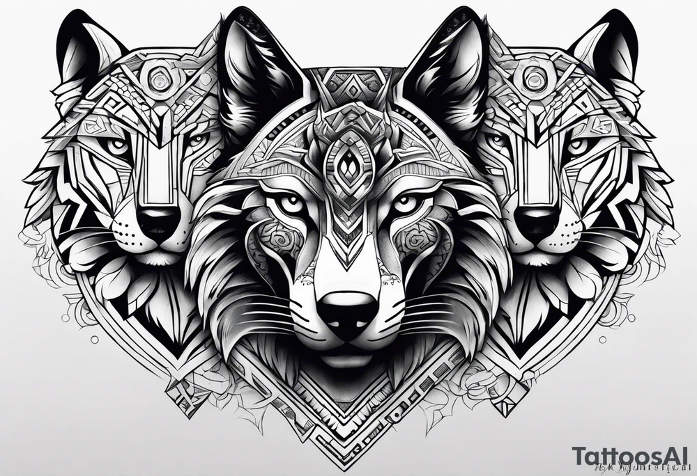 aztec jaguar + wolf sleeve tattoo idea