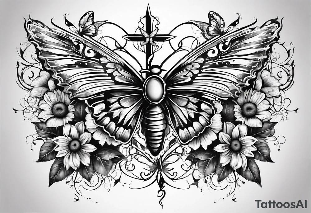 Winged cross with sunflower and butterflies tattoo idea