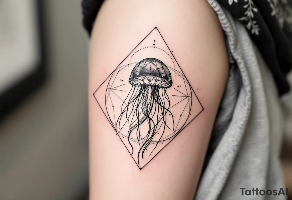 fine-line tattoo, single jellyfish, sacred geometry surround, dotwork patterns, jellyfish bell dome, flowing tentacles, trailing streamers, geometric mandala, radiating dotwork, minimalist design, black grey lines, soft shading, no outlines, geometric frame, organic jellyfish form, upper arm shoulder placement, light airy feel, delicate linework, geometric backdrop, refined elements, clean lines, radiating patterns, jellyfish centerpiece tattoo idea